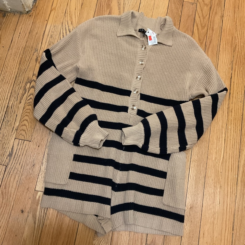 Women’s Striped Tan and Black Sweater Romper